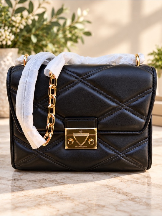 Michael Kors Handbags - Michael Kors Serena Medium Flap Black Quilted Leather Gold Chain Shoulder Bag